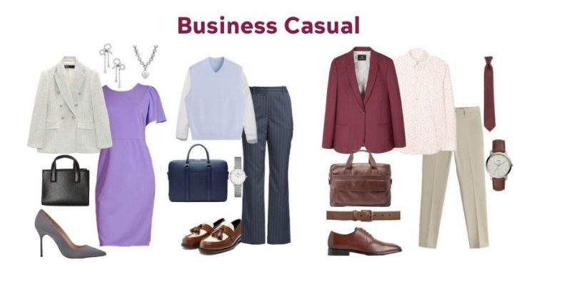 Image displays examples of business casual clothing.