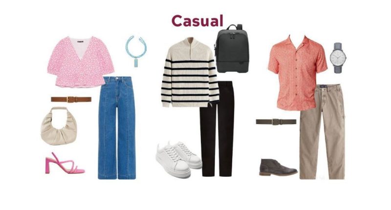 Image displays examples of casual clothing.