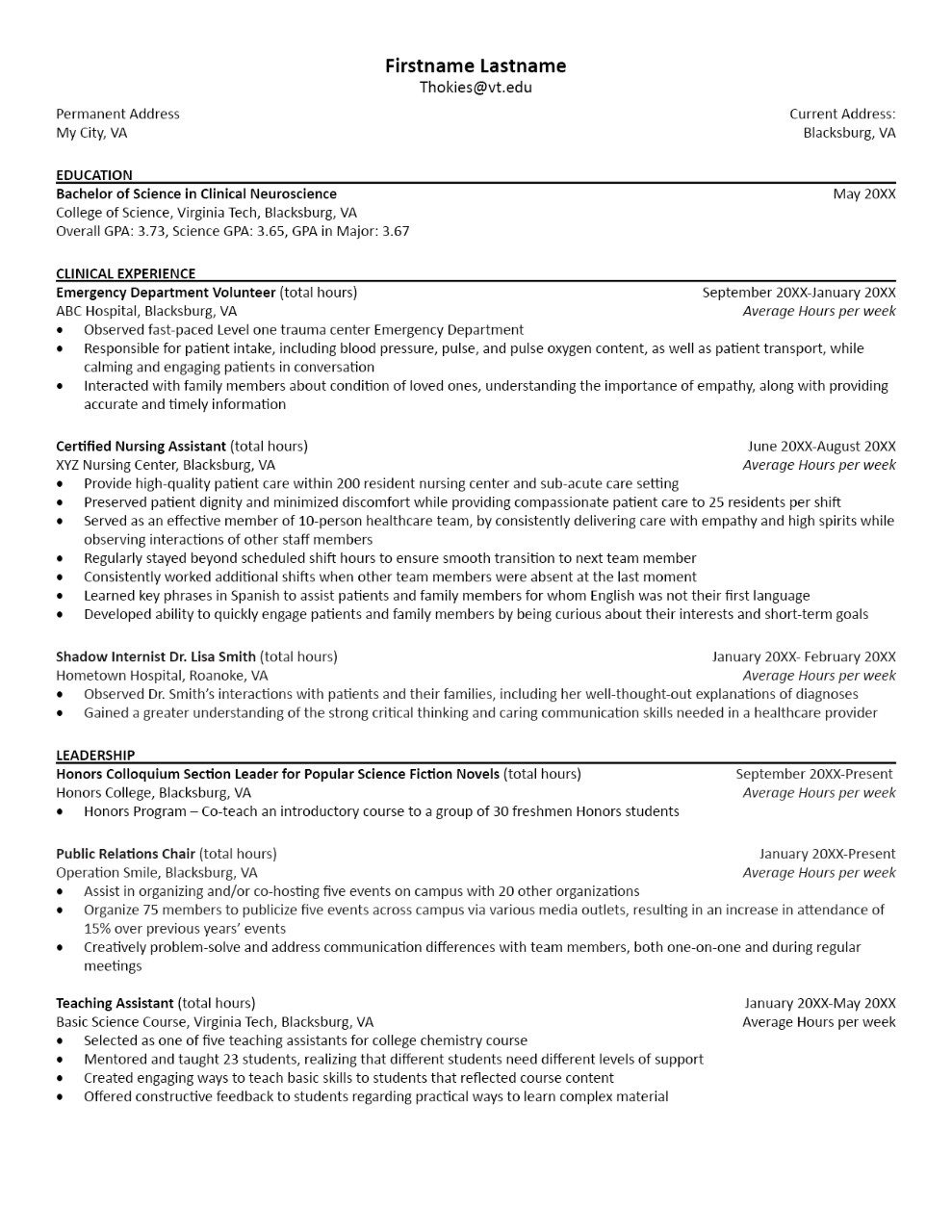 Health Professions Resume Career Quick Start Virginia Tech