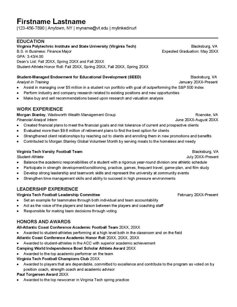 Student Athlete Resume Career Quick Start Virginia Tech
