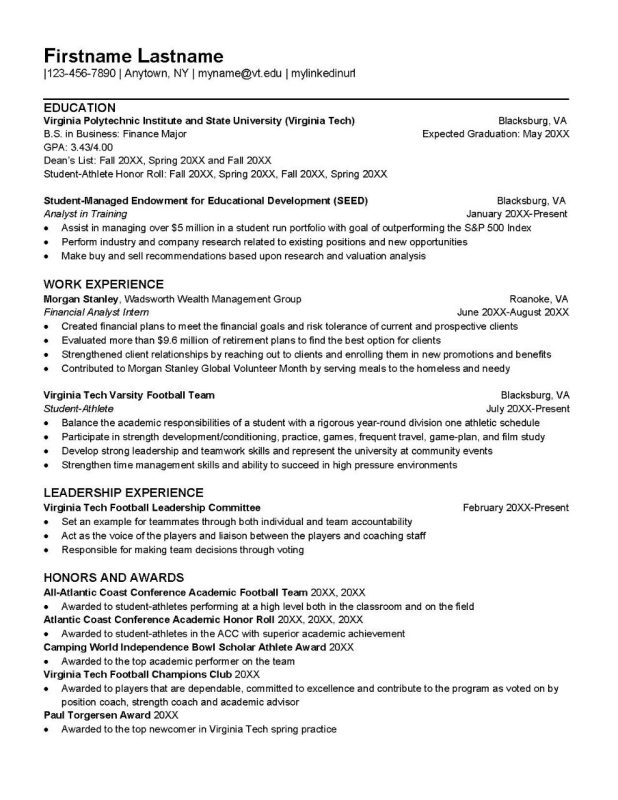Student Athlete Resume Career Quick Start Virginia Tech