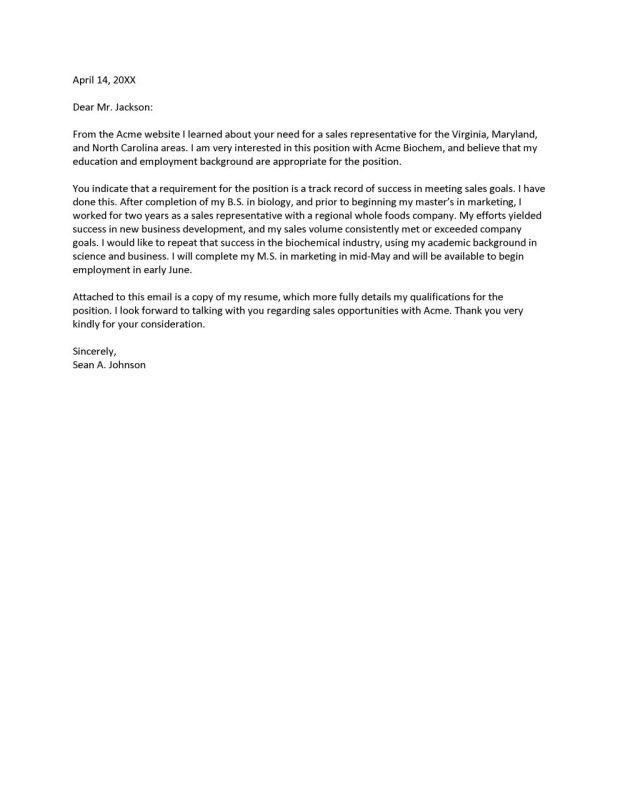 cover letter emailed sample
